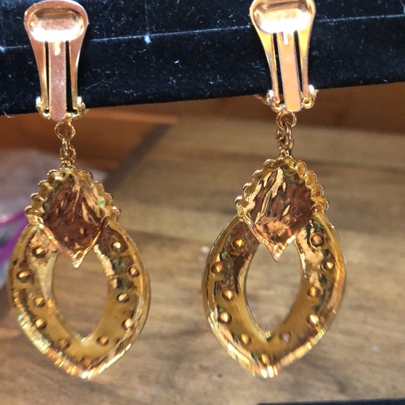 Gold Tone & Rhinestones Knocker Statement Earrings Vintage - Picture 4 of 7